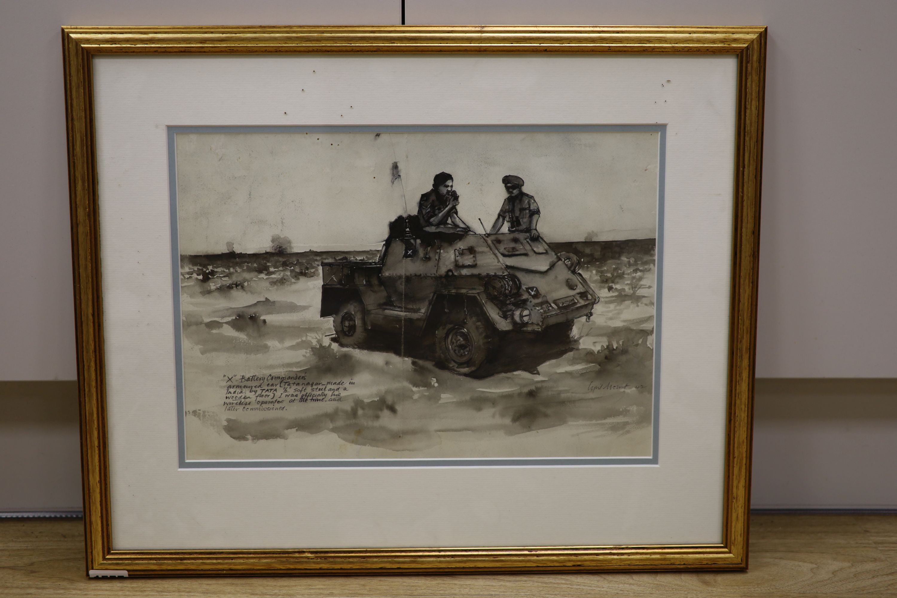 Cyril Mount (1920-2013), ink and wash, ‘X Battery Commanders, armoured car..’, signed and dated ‘42, 26 x 38cm.